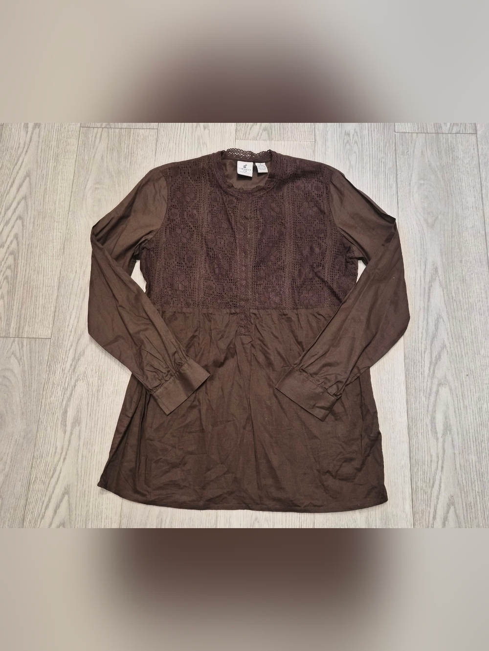 Caribbean Joe Brown Crochet Yoke Long Sleeve Tunic